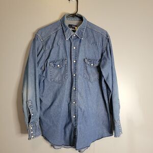 Vintage Wrangler Pearl Snap Button Western Denim Shirt, Size Large Workwear